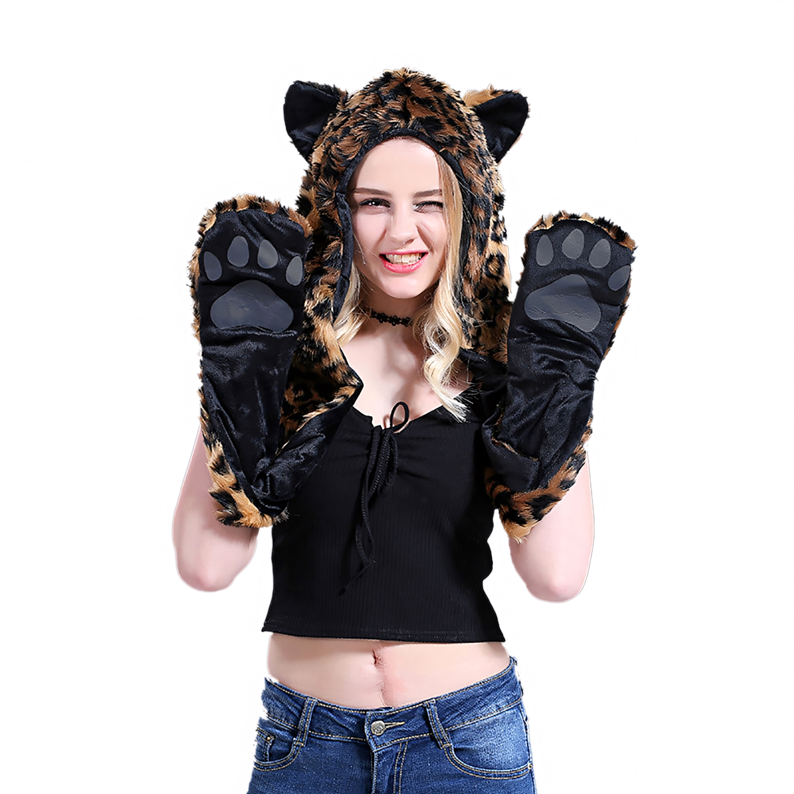Faux Fur Hat Hood Scarf Full Pockets Ear Flat Cap Hoodie Winter Party Costume Faux Fur Hat Hood Scarf Full Pockets Ear Flat Cap Hoodie  main image 3