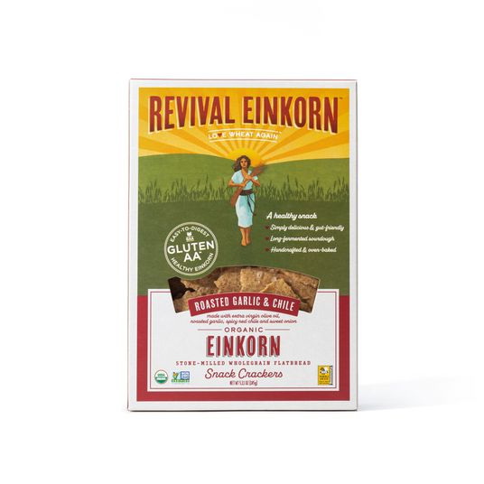 酷牌库|商品详情-Revival Einkorn进口代理批发 Revival 单粒小麦零食饼干，烤大蒜和智利，有机