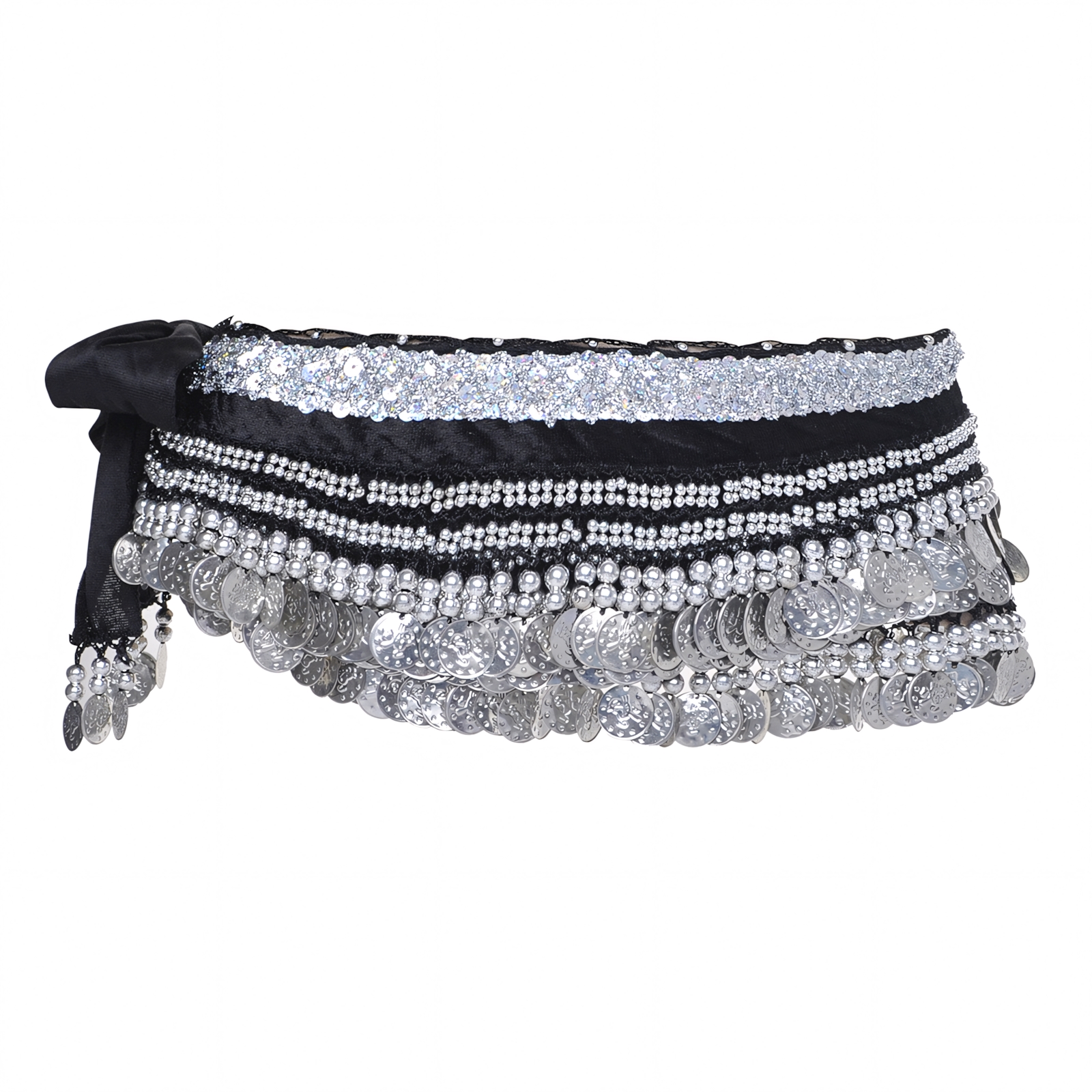 BellyLady Belly Dance Hip Scarf, Multi-Row Silver Coin Dance 