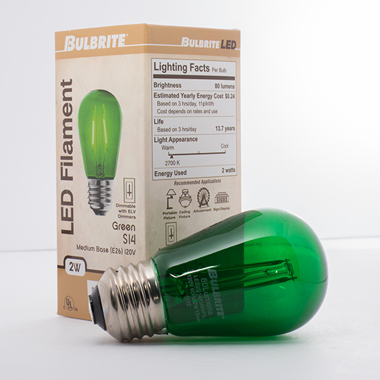 酷牌库|商品详情-Bulbrite进口代理批发 Bulbrite 861151 Led S14 中型螺丝 (E26) 2W 不可调光灯丝灯泡绿色 11W 白炽灯等效 5 件装