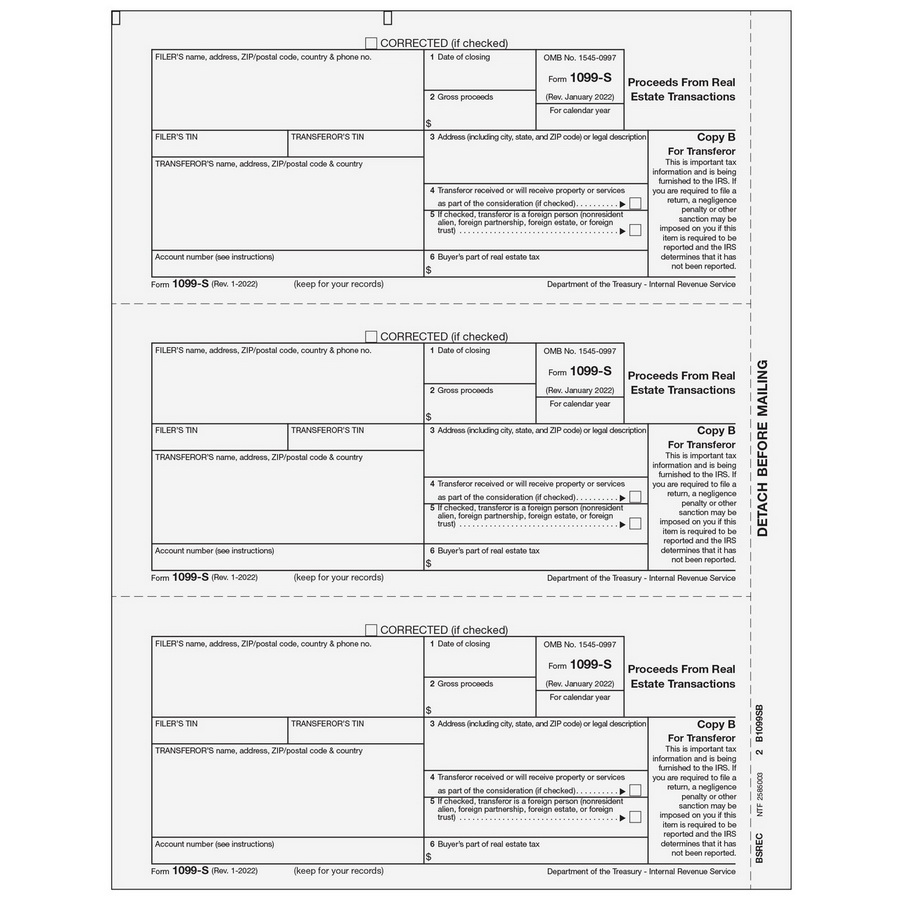 Super Forms进口代理批发 超级表格 BSREC05 - 表格 1099-S - 房地产交易收益 - 副本 B 转让人