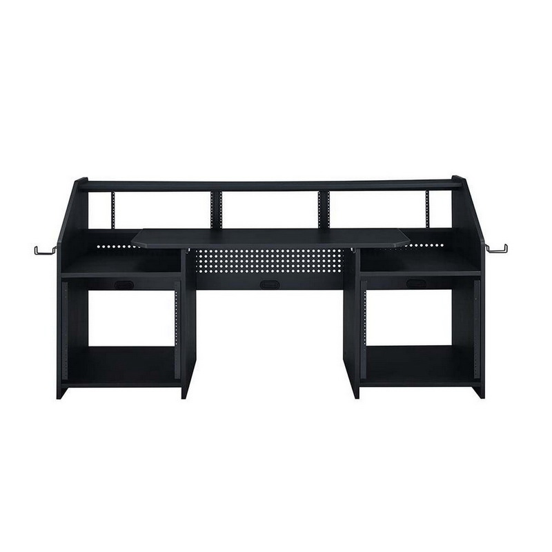 Benjara BM276204 Tin 47 Inch Wood Music Desk Studio Station Keyboard Tray  Shelves Black