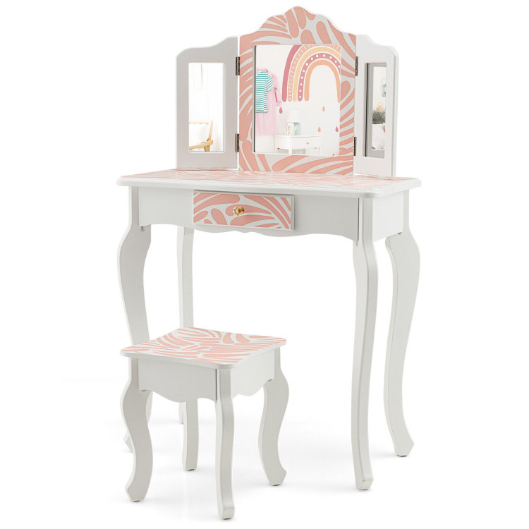 Kids Vanity Princess Makeup Dressing Table Chair Set with Tri-fold