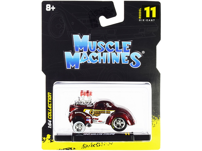 Muscle Machines进口代理批发 Muscle Machines 15549rd 1941 Willys Coupe Gasser“竞赛凸轮”红色金属和白色 1/64 压铸模型车