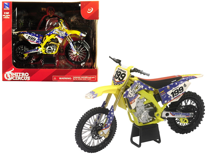 New Ray进口代理批发 全新 Ray 57993 铃木 RMZ450 Nitro Circus #199 Travis Pastrana 黄色/蓝色 1/12 压铸摩托车模型