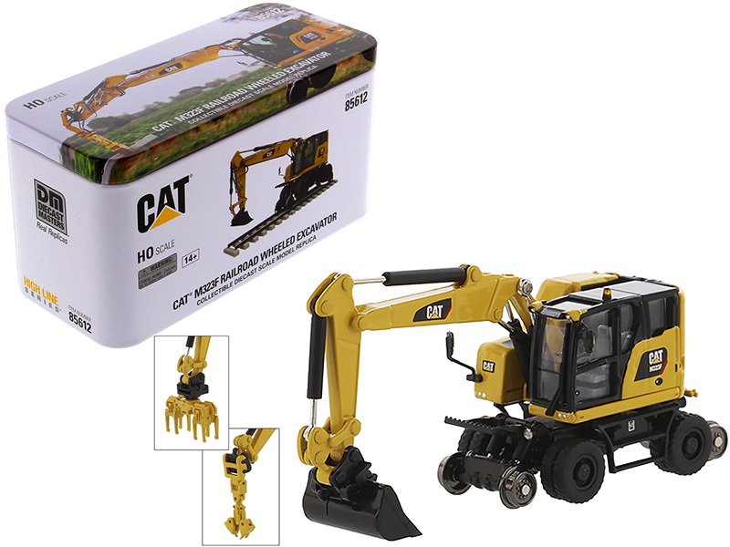 Diecast Masters进口代理批发 Diecast Masters 85612 CAT 卡特彼勒 M323F 铁路轮式挖掘机带 3 个配件（安全黄色版）“高线”系列 1/87 (HO) 比例压铸模型