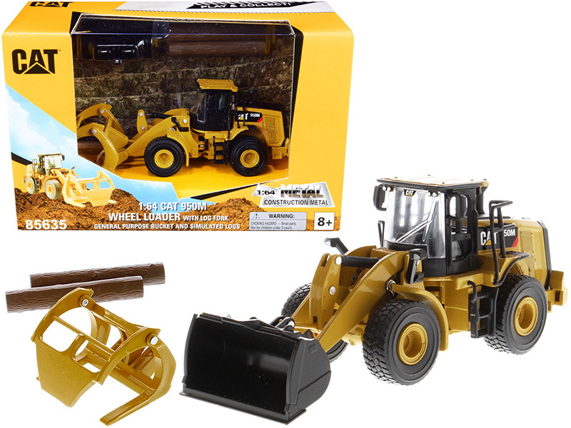 Diecast Masters进口代理批发 Diecast Masters 85635 CAT Caterpillar 950M 轮式装载机，带铲斗和原木叉，带两个原木杆“玩耍和收集”1/64 压铸模型