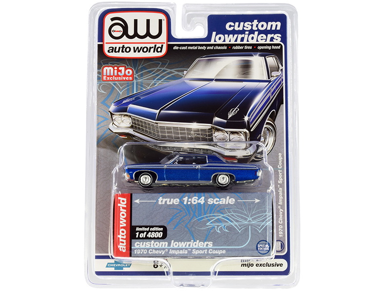 Autoworld进口代理批发 Autoworld CP7666 1970 雪佛兰 Impala 运动轿跑车蓝色金属“定制 Lowriders”限量版全球 4800 件 1/64 压铸模型车