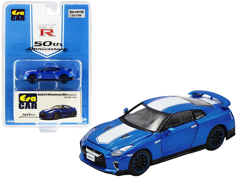 Era Car进口代理批发 Era Car NS20GTRSP24B Nissan GT-R RHD（右舵）Bayside Blue 带白条纹“50 周年纪念版”限量版 1200 件 1/64 压铸模型车