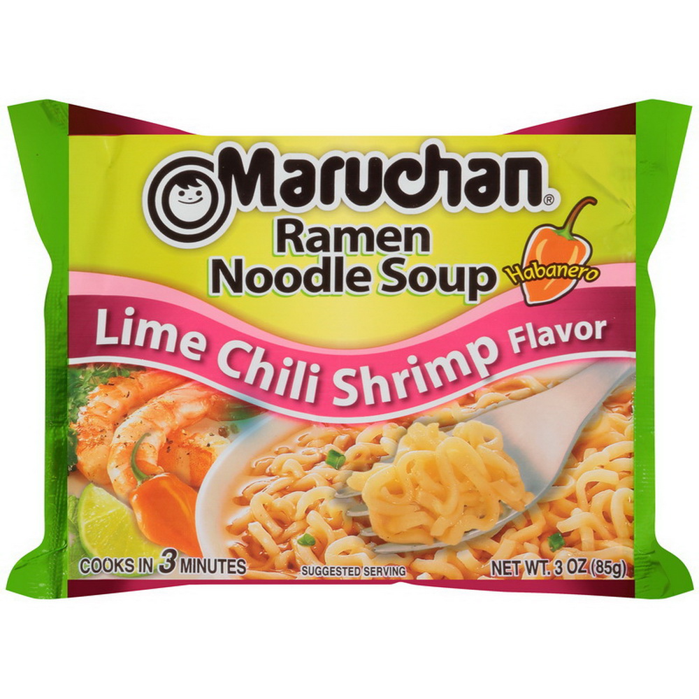 Maruchan Ramen进口代理批发 Maruchan Ramen Habanero 青柠辣椒虾味拉面汤，3 盎司，每箱 24 粒