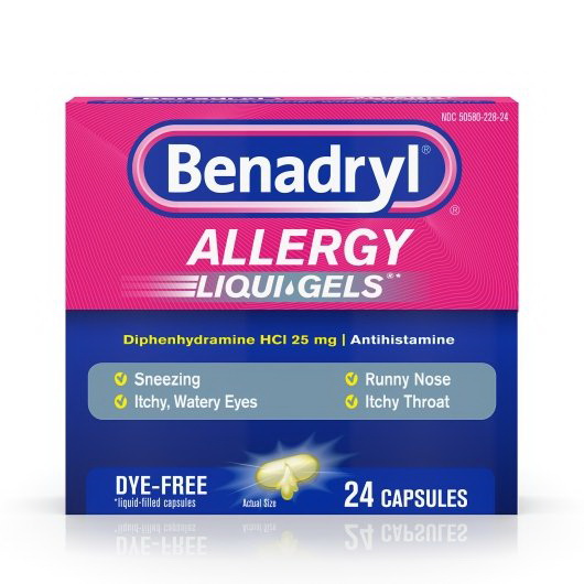 Benadryl进口代理批发 Benadryl Allergy Liqua-Gels 无染料抗组胺胶囊 25 毫克，24 粒，每箱 4 粒