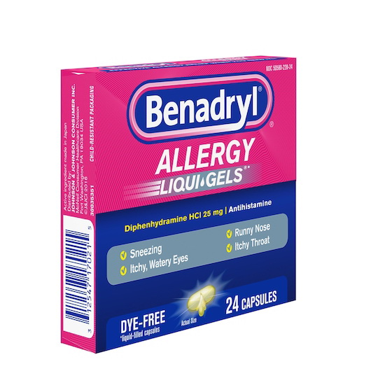 酷牌库|商品详情-Benadryl进口代理批发 Benadryl Allergy Liqua-Gels 无染料抗组胺胶囊 25 毫克，24 粒，每箱 4 粒