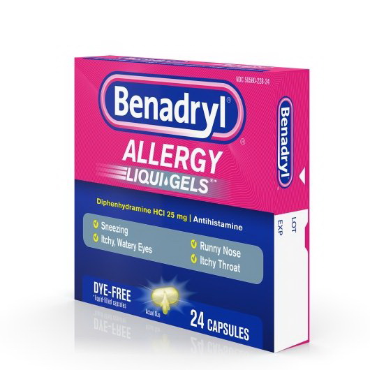 酷牌库|商品详情-Benadryl进口代理批发 Benadryl Allergy Liqua-Gels 无染料抗组胺胶囊 25 毫克，24 粒，每箱 4 粒