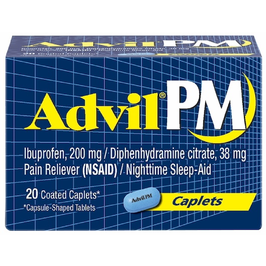 Advil Pm进口代理批发 Advil Pm 止痛药和夜间助眠药 200 毫克胶囊，每粒 20 粒，每盒 6 粒，每箱 12 粒