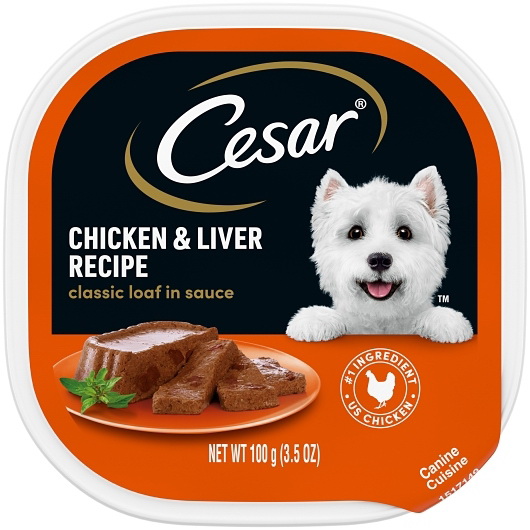 Cesar进口代理批发 Cesar Canine Cuisine 狗粮鸡肉和肝脏汁，3.5 盎司，每箱 24 粒