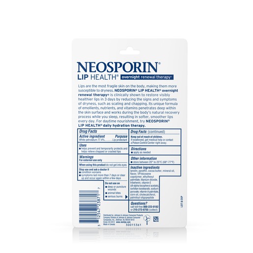 酷牌库|商品详情-Neosporin进口代理批发 Neosporin Lip Health 夜间更新疗法白色凡士林唇部保护剂，0.27 盎司，每盒 6 件，每箱 6 件