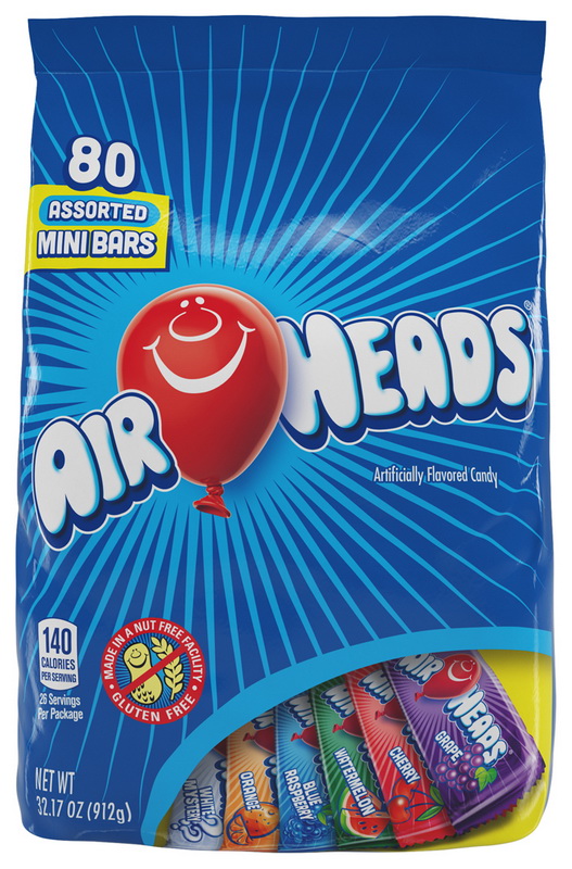 Air Heads进口代理批发 Airheads 迷你什锦口味葡萄、橙子、樱桃、神秘白、蓝莓和西瓜，32.17 盎司，每箱 4 件