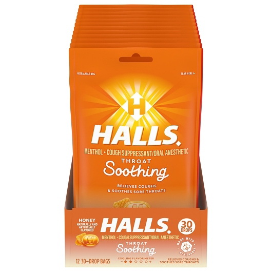 HALLS进口代理批发 Halls 蜂蜜止咳滴剂，30 粒，每盒 12 粒，每箱 4 粒