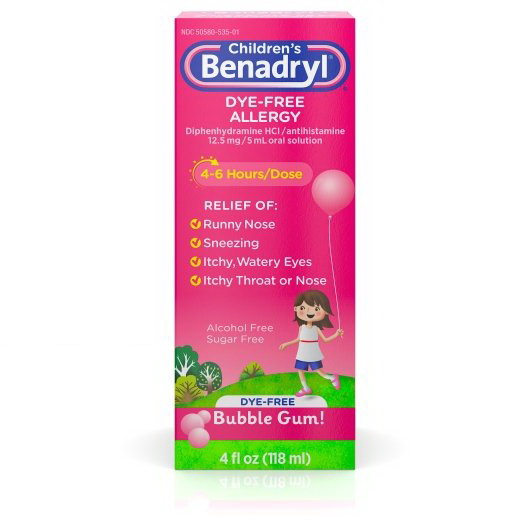 酷牌库|商品详情-Benadryl Children's进口代理批发 Benadryl 儿童无染料过敏液体泡泡糖，4 液量盎司，每盒 3 块，每箱 12 块