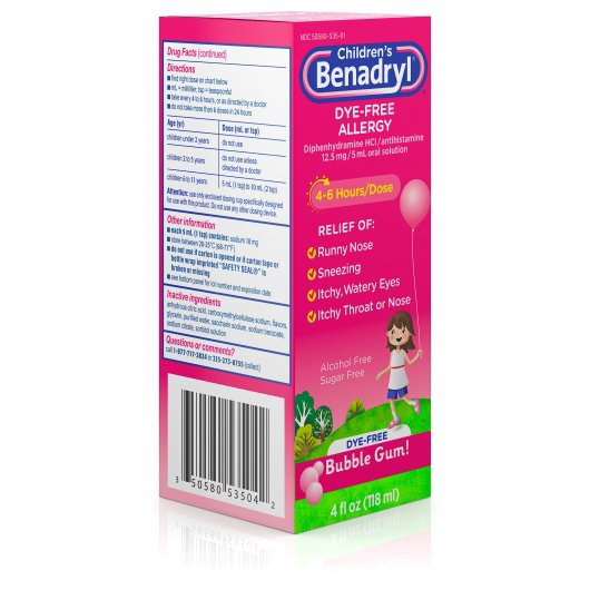 酷牌库|商品详情-Benadryl Children's进口代理批发 Benadryl 儿童无染料过敏液体泡泡糖，4 液量盎司，每盒 3 块，每箱 12 块