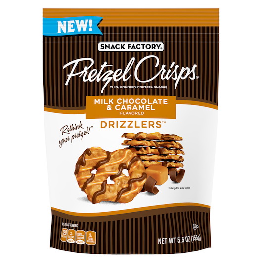 Pretzel Crisps进口代理批发 Snack Factory Drizzlers 牛奶巧克力焦糖，5.5 盎司，每箱 12 块