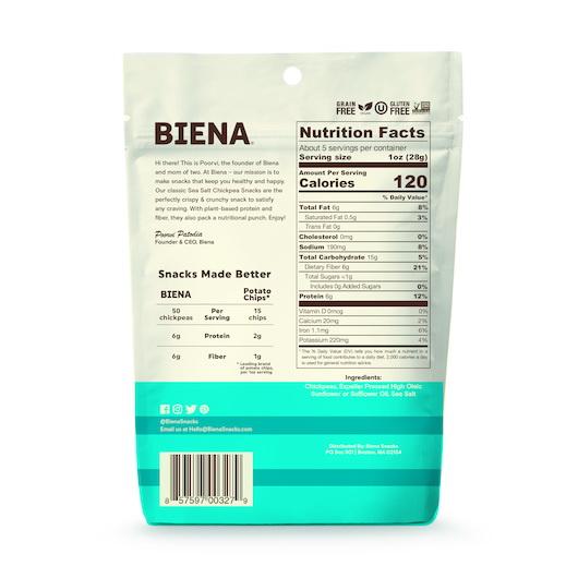 酷牌库|商品详情-Biena Snacks进口代理批发 Biena Snacks 海盐鹰嘴豆，5 盎司，每箱 8 个