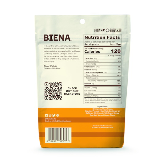 酷牌库|商品详情-Biena Snacks进口代理批发 Biena Snacks 蜂蜜烤鹰嘴豆，5 盎司，每箱 8 个