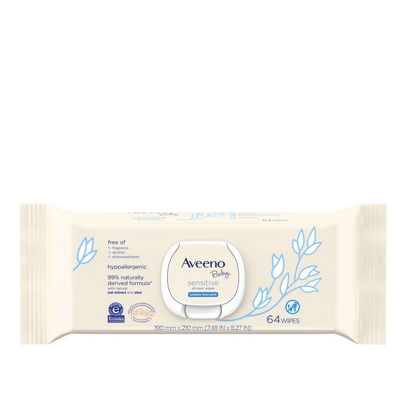 Aveeno Baby进口代理批发 Aveeno 婴儿全身敏感 64 片湿巾袋，64 片，每盒 3 片，每箱 4 片