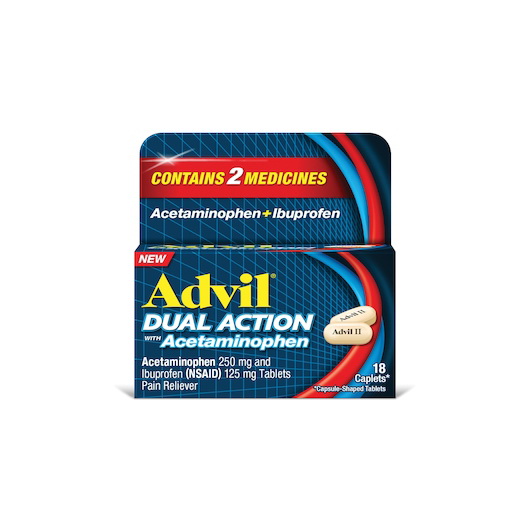 Advil Dual Action进口代理批发 Advil 双效双效含对乙酰氨基酚，每种 18 粒，每盒 6 粒，每箱 12 粒