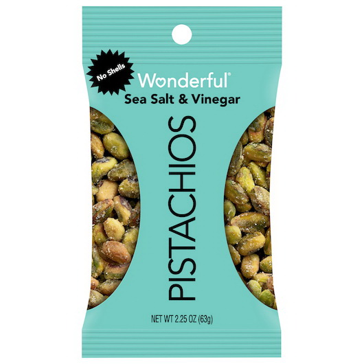 Wonderful Pistachios进口代理批发 Wonderful Pistachios 开心果无壳海盐和醋，2.25 盎司，每箱 3 个