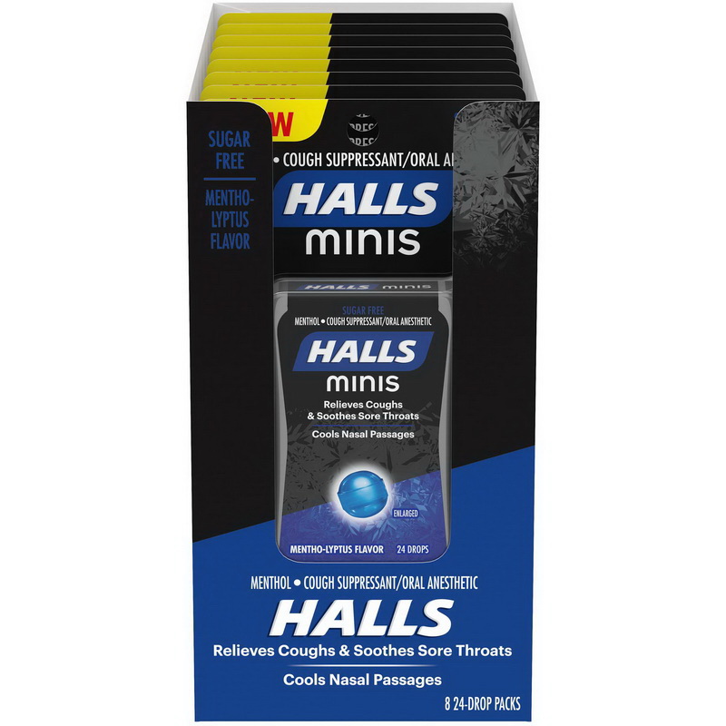 Halls进口代理批发 Halls 迷你薄荷醇 24 包，24 片，每盒 8 片，每箱 4 片