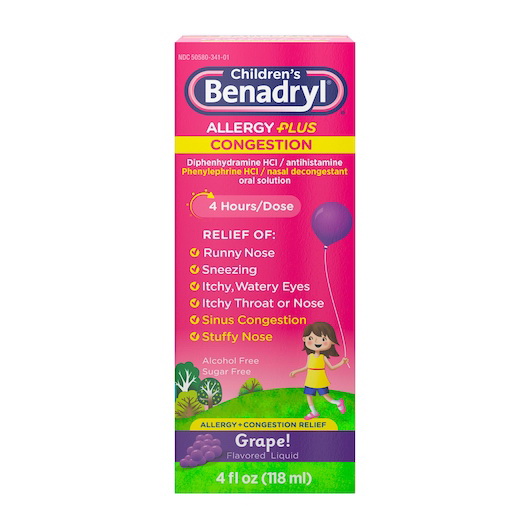 Benadryl Children's进口代理批发 Benadryl 儿童 Benadryl 过敏加充血，4 液量盎司，每箱 12 粒