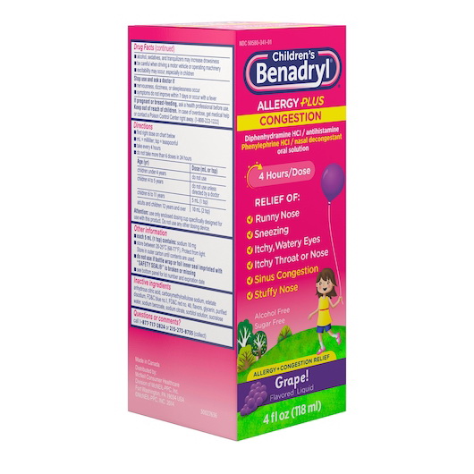 酷牌库|商品详情-Benadryl Children's进口代理批发 Benadryl 儿童 Benadryl 过敏加充血，4 液量盎司，每箱 12 粒