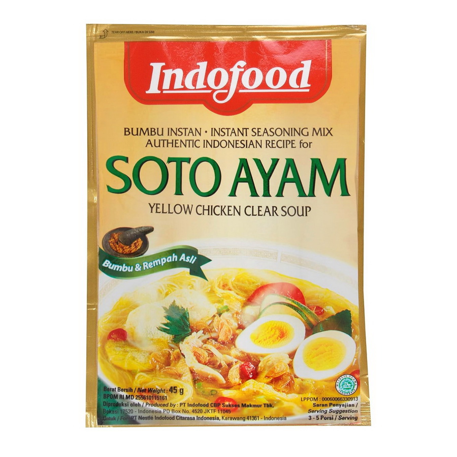 Indofood进口代理批发 Indofood Soto Ayam[黄章。清汤]调味料，45克，每包24个，每箱2个