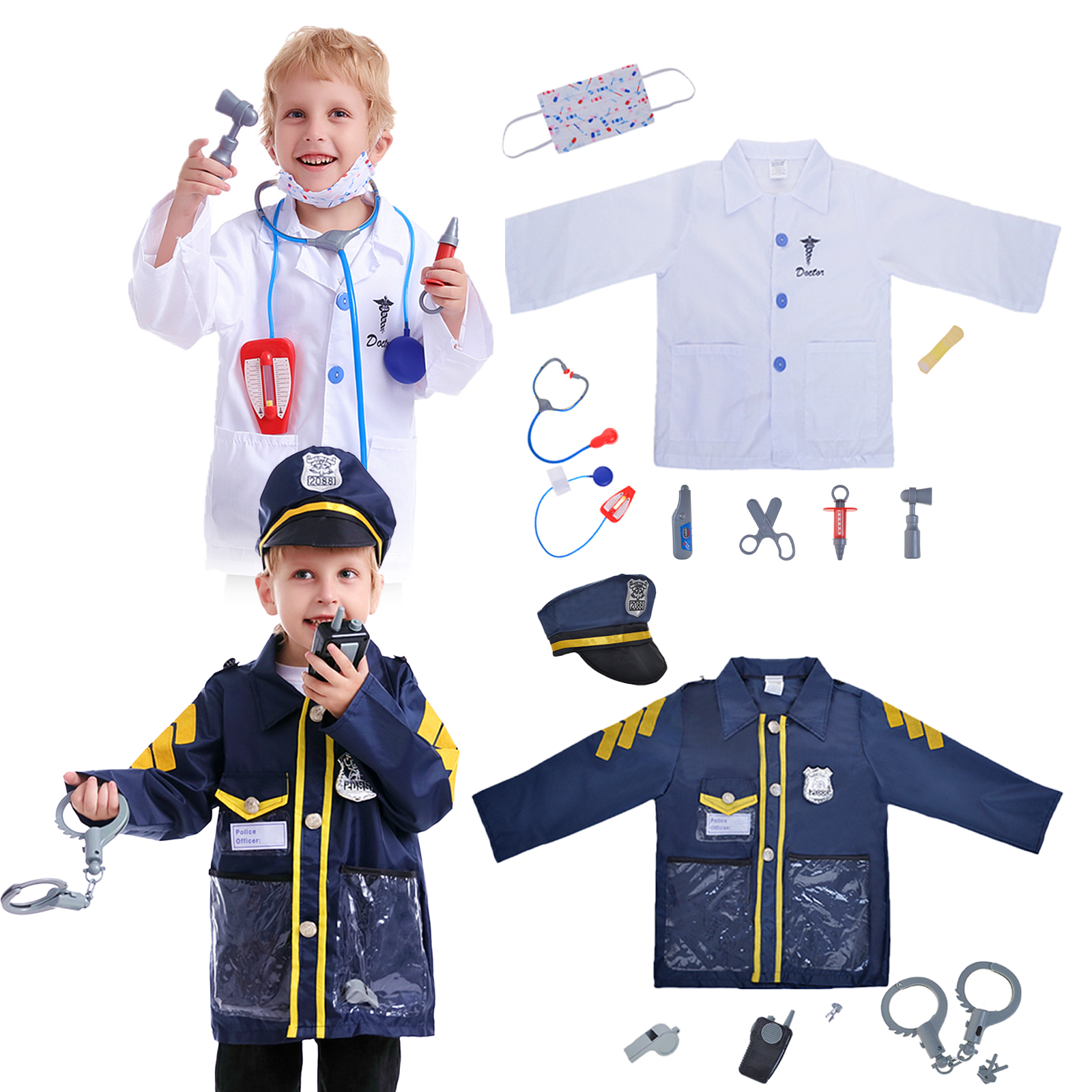 Children's police clothing, police role play with handcuffs and whistles 