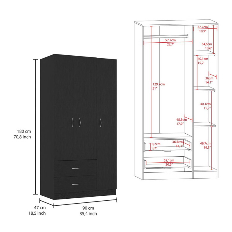 酷牌库|商品详情-Treevol Furniture进口代理批发 三门衣橱克拉克，卧室，黑色 B092S00201