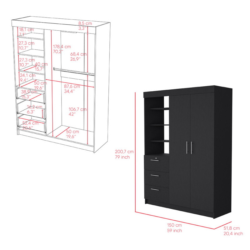 酷牌库|商品详情-Treevol Furniture进口代理批发 Rumanu 衣橱，卧室，黑色 B092S00211