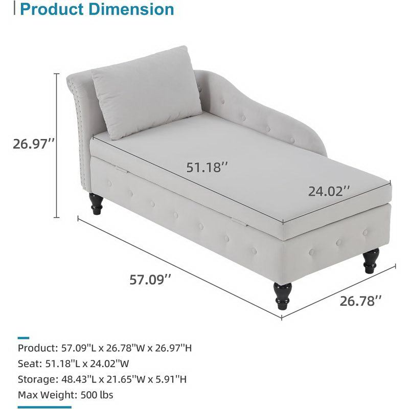 酷牌库|商品详情-Xichen Indoor Furniture进口代理批发 室内躺椅，带储物空间，现代钉头装饰簇绒躺椅，带枕头的软垫躺椅沙发，适用于客厅、卧室、办公室，浅灰色，左扶手 T2694P188037