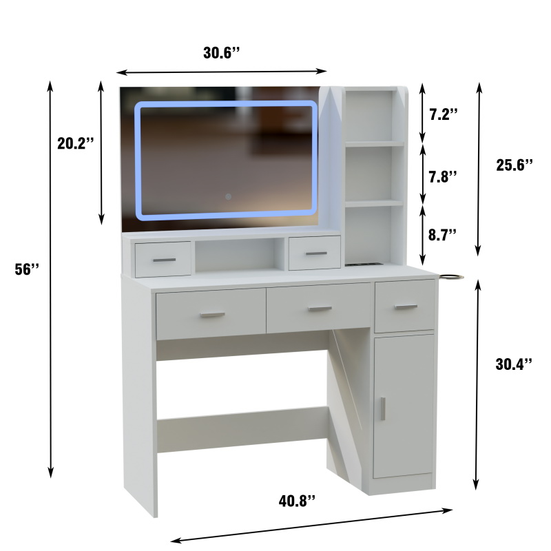 酷牌库|商品详情-ZR Furniture进口代理批发 全新设计智能镜子梳妆台带抽屉和储物柜，卧室梳妆台带梳妆垫，更衣室 W1320138091