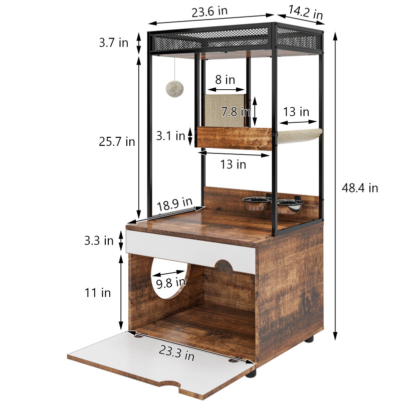 酷牌库|商品详情-Need Pet Furniture进口代理批发 隐藏式猫砂盒外壳，带猫树塔，猫家具带抓板和大存储空间，工业猫柜带架子和门，质朴棕色 W1687106558