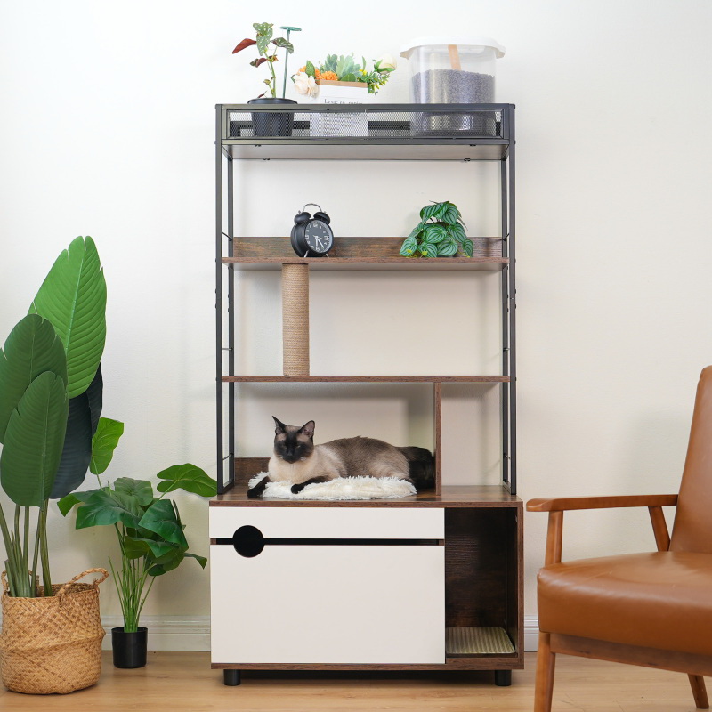 Need Pet Furniture进口代理批发 带架子的猫砂盒外壳，带抓柱的隐藏式砂盒，砂盒家具，木制猫树