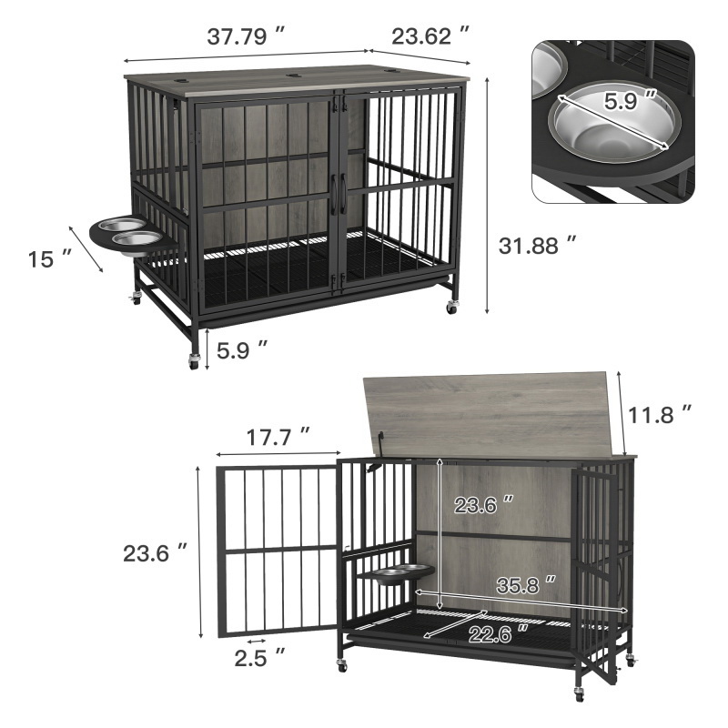 酷牌库|商品详情-Yanshangwu进口代理批发 现代犬舍狗房，重量可达 80 磅，带多功能可拆卸托盘的狗笼家具，双门狗屋，升降面板，360 度旋转 -3 个高度可调喂食碗（灰色）