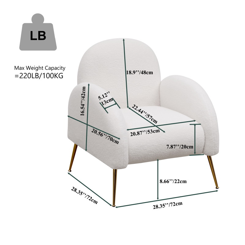 酷牌库|商品详情-Yiqiumi Furniture进口代理批发 Accent 软垫单椅白色夏尔巴扶手椅，带金色腿，适用于客厅、卧室、办公室 W1757128102