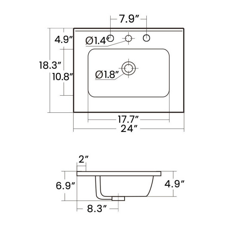 酷牌库|商品详情-Abay Home进口代理批发 BB0930Y331，集成白色陶瓷盆，带三个预钻水龙头孔，不含水龙头和排水组件