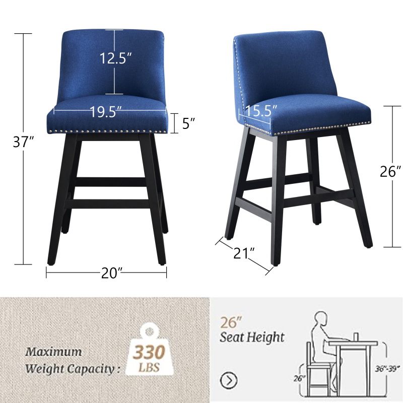 酷牌库|商品详情-JIAYLivin Furniture进口代理批发 26 英寸软垫旋转吧凳 2 件套，亚麻织物高背柜台凳，带钉头设计和木框架 W1893123701