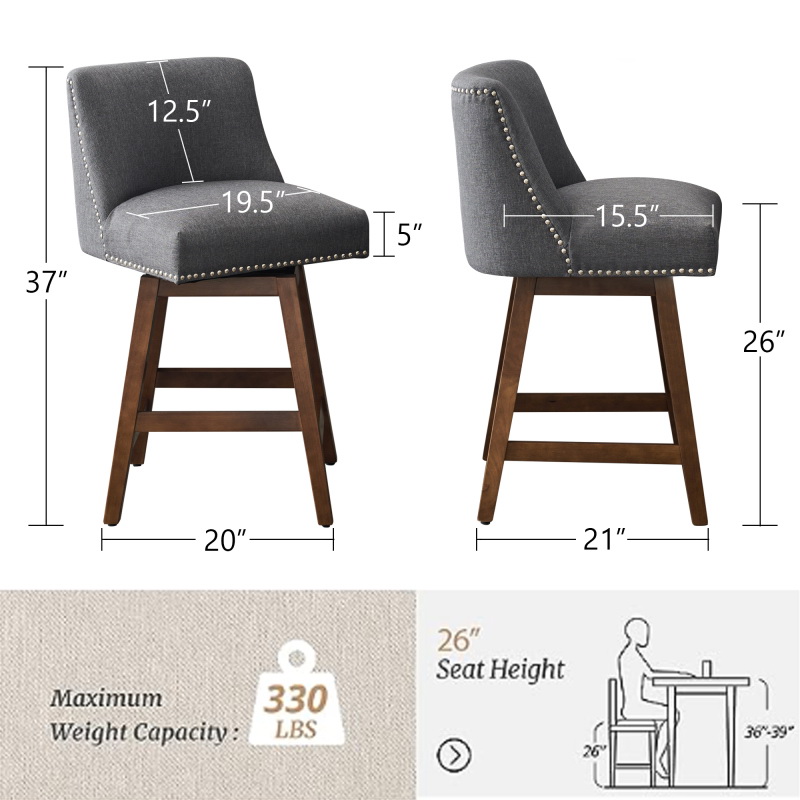 酷牌库|商品详情-JIAYLivin Furniture进口代理批发 26 英寸软垫旋转吧凳 2 件套，亚麻织物高背柜台凳，带钉头设计和木框架 W1893123702