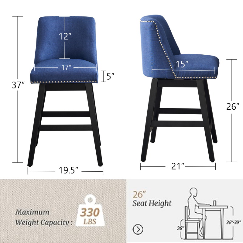 酷牌库|商品详情-JIAYLivin Furniture进口代理批发 26 英寸软垫旋转吧凳 2 件套，亚麻织物高背柜台凳，带钉头设计和木框架 W1893123707