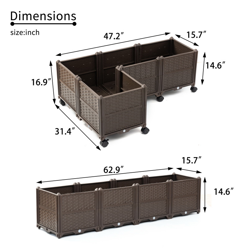 酷牌库|商品详情-JTL进口代理批发 矩形高架花园床套件室内室外塑料花盆种植箱，适合新鲜蔬菜、香草、花卉和多肉植物，棕色 W206P167021