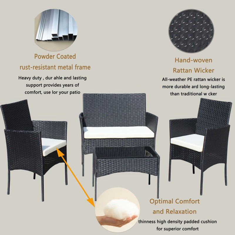 酷牌库|商品详情-Rattan Furniture进口代理批发 4 件套藤制露台家具套装户外露台软垫座椅柳条沙发（米色软垫）