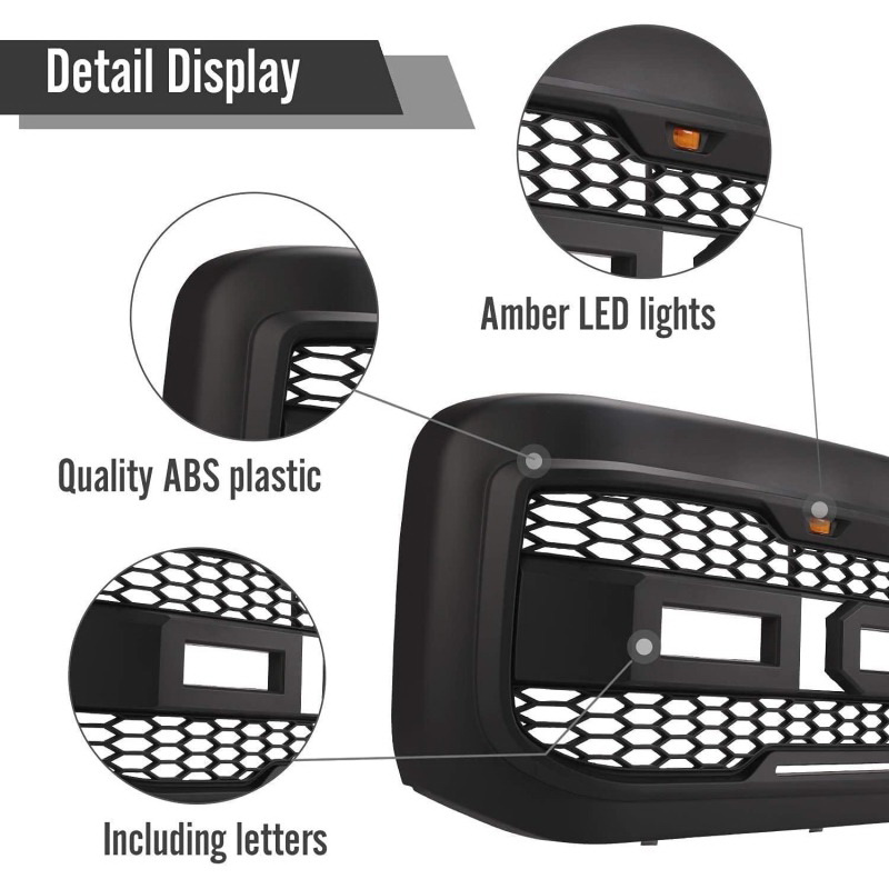 酷牌库|商品详情-Carbeauty进口代理批发 前格栅适用于 1999 2000 2001 2002 2003 2004 福特 f250 f350 f450 超级重型猛禽风格格栅，带 3 个琥珀色 LED 灯和字母哑光黑色 W2165128492